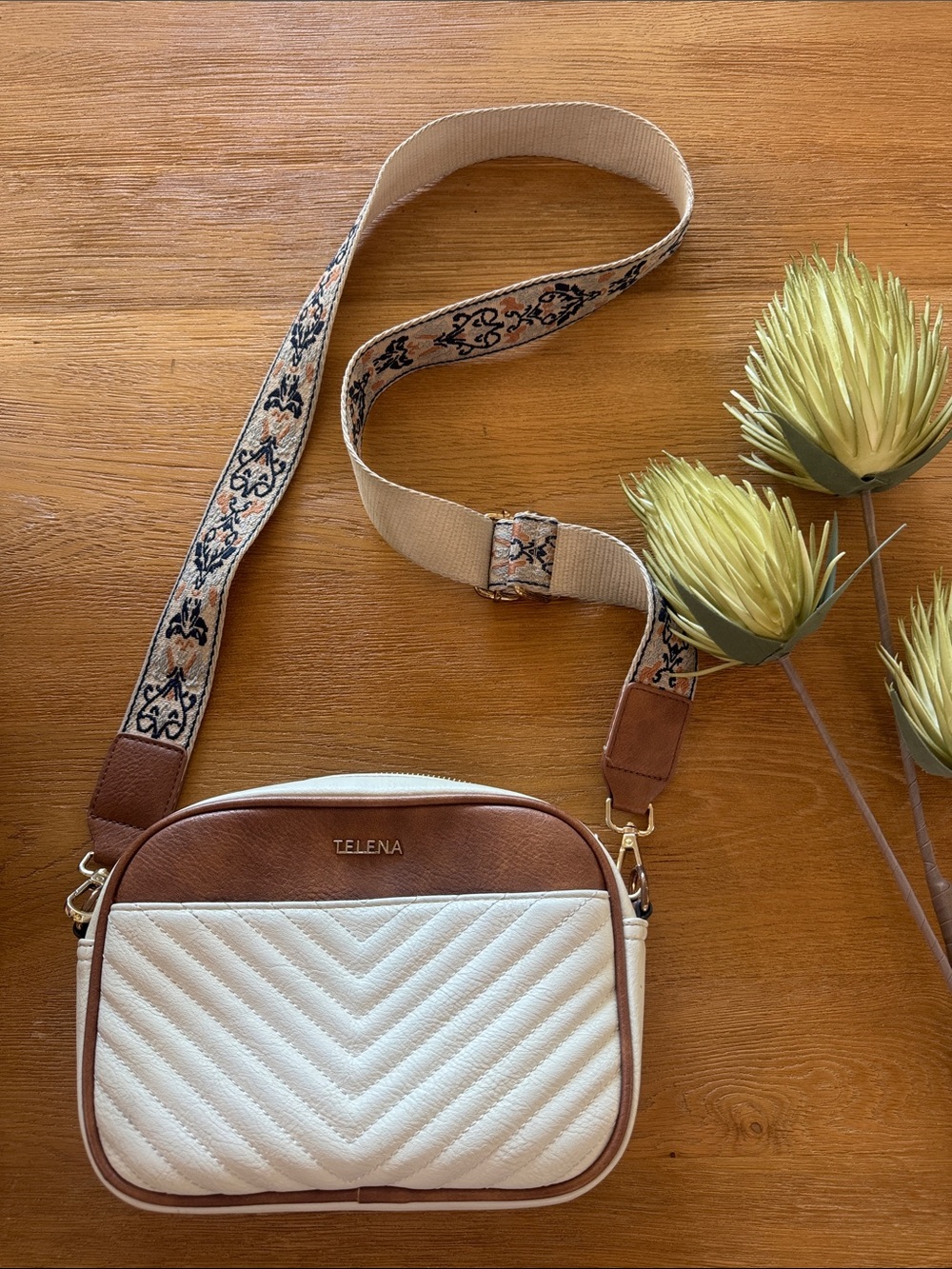 Cream & Brown Quilted Crossbody Bag with Decorative Strap